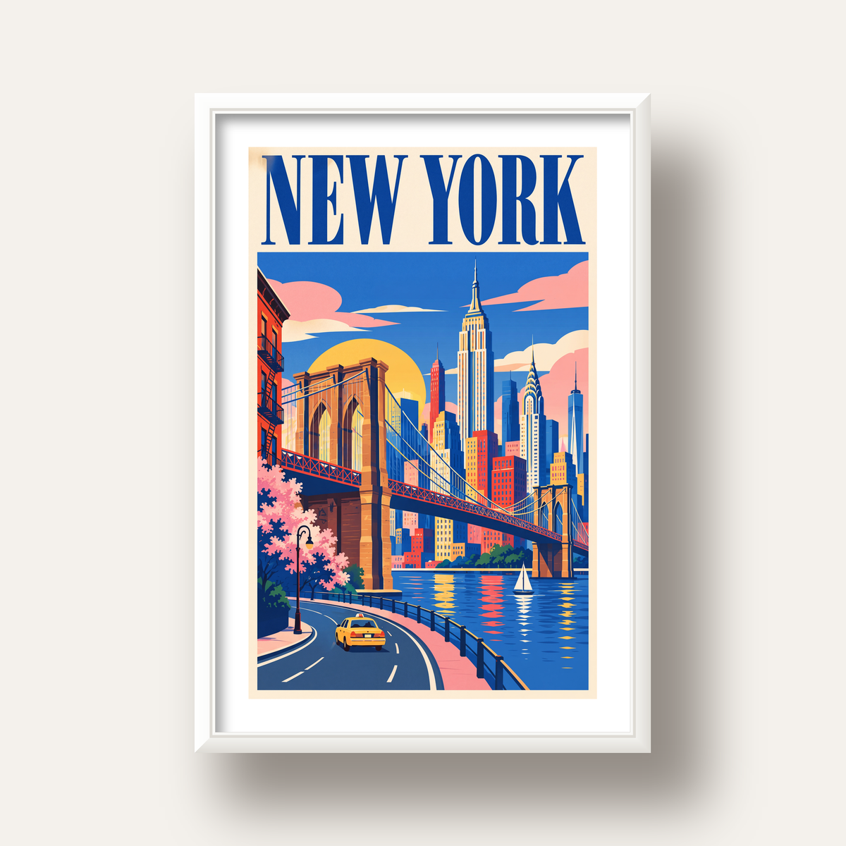 New York Şehir Manzarası Grafik Poster – Modern Duvar Dekoru — beyaz derin çerçeveli paspartulu