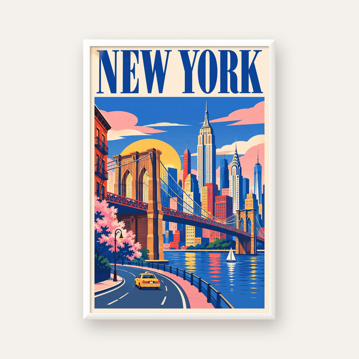 New York Şehir Manzarası Grafik Poster – Modern Duvar Dekoru — beyaz çerçeveli dikey poster