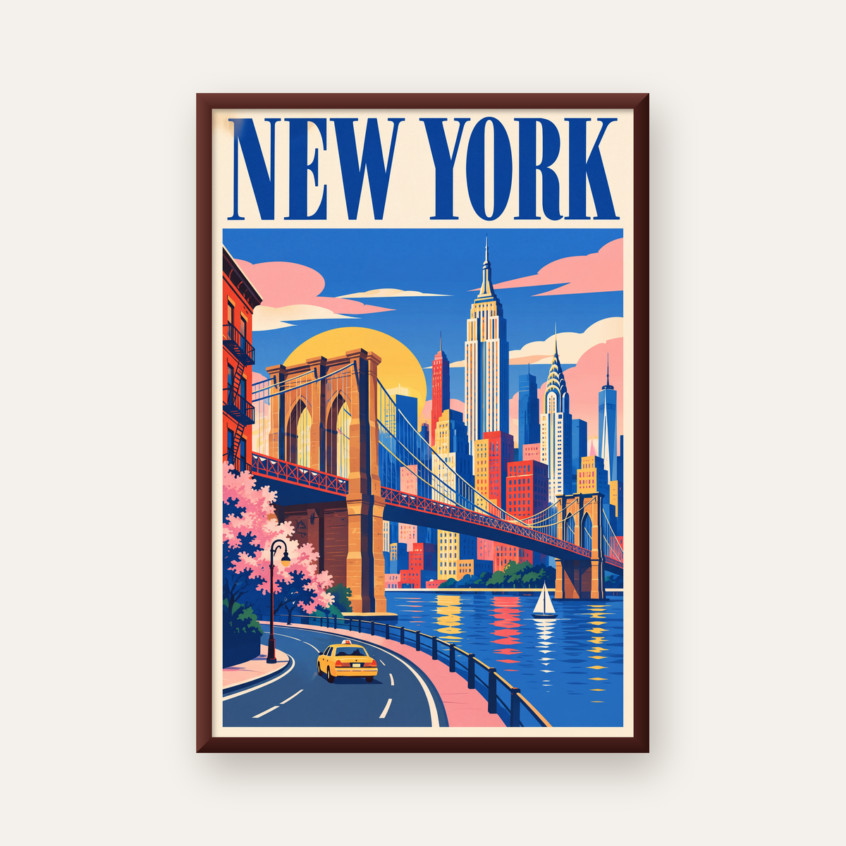 New York Şehir Manzarası Grafik Poster – Modern Duvar Dekoru — ceviz çerçeveli
