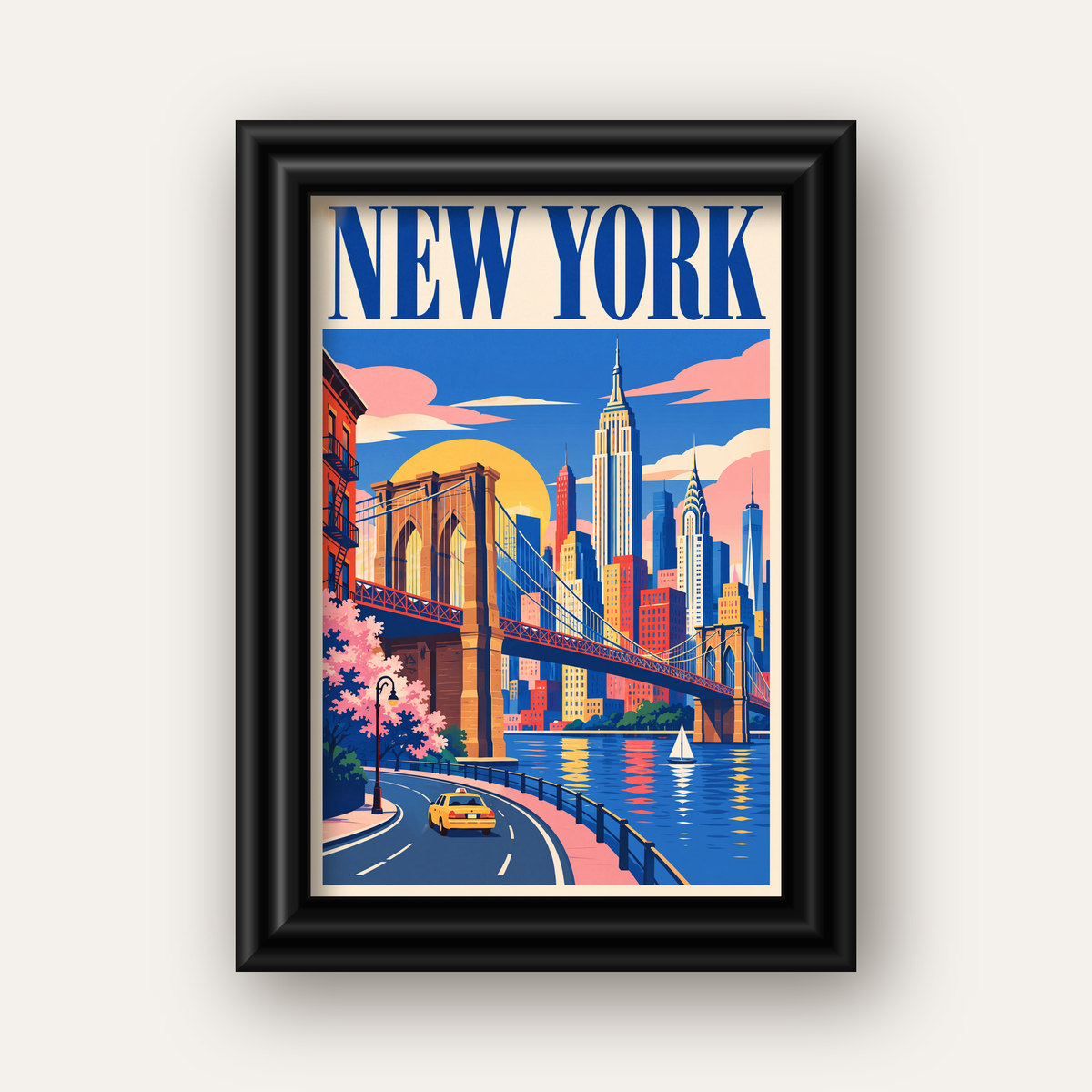New York Şehir Manzarası Grafik Poster – Modern Duvar Dekoru — siyah galeri çerçeveli