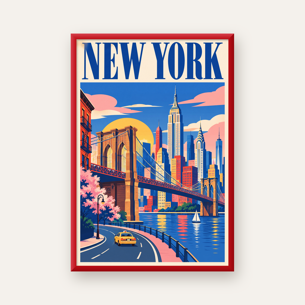 New York Şehir Manzarası Grafik Poster – Modern Duvar Dekoru — kırmızı çerçeveli