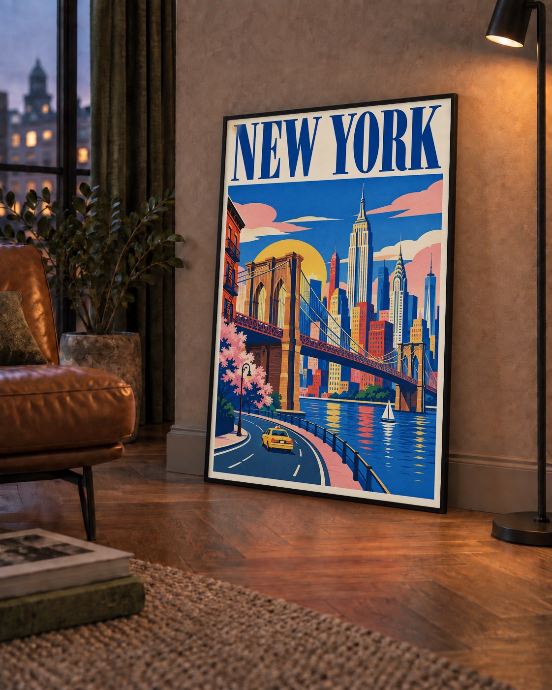 New York Şehir Manzarası Grafik Poster – Modern Duvar Dekoru — çerçeveli hâliyle bir ev duvarında