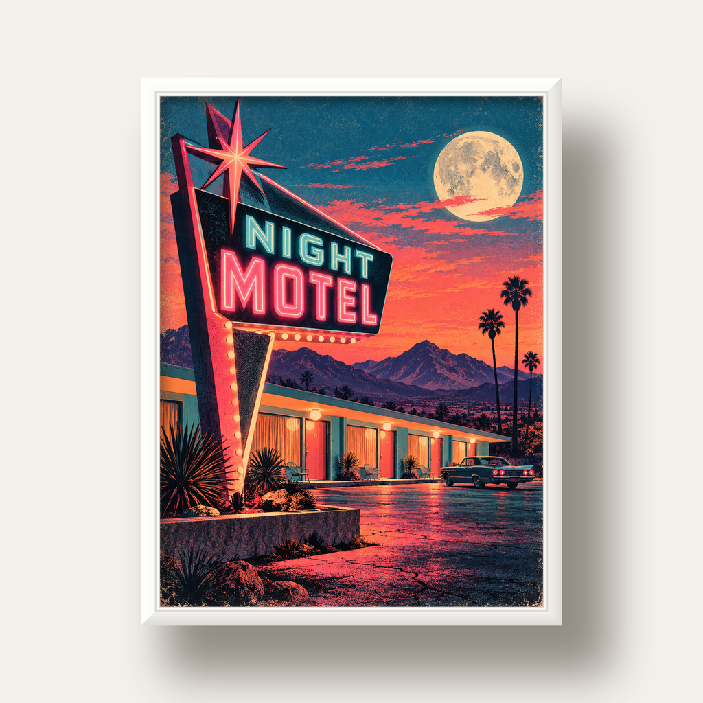 Night Motel Retro Neon Tabela Afişi — beyaz derin çerçeveli