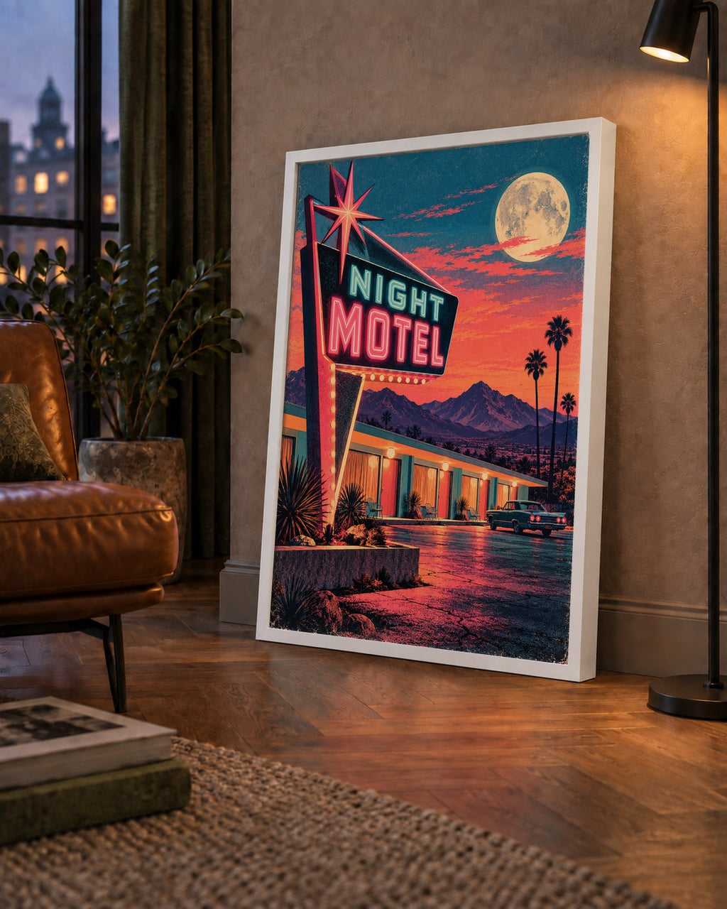 Night Motel Retro Neon Tabela Afişi — çerçeveli hâliyle bir ev duvarında