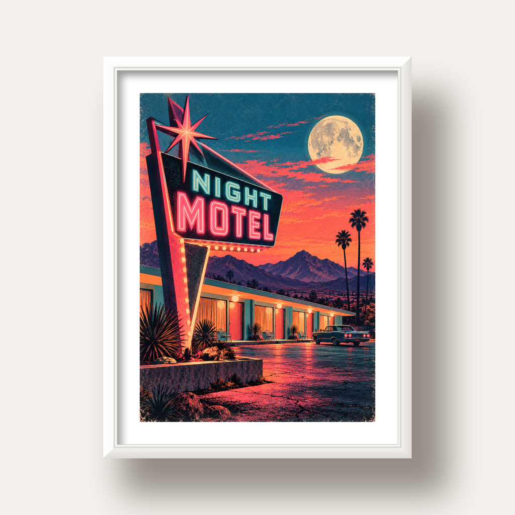Night Motel Retro Neon Tabela Afişi — beyaz derin çerçeveli paspartulu