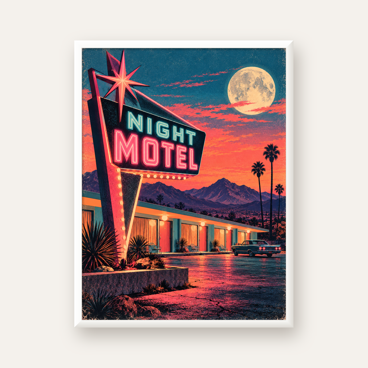 Night Motel Retro Neon Tabela Afişi — beyaz çerçeveli dikey poster