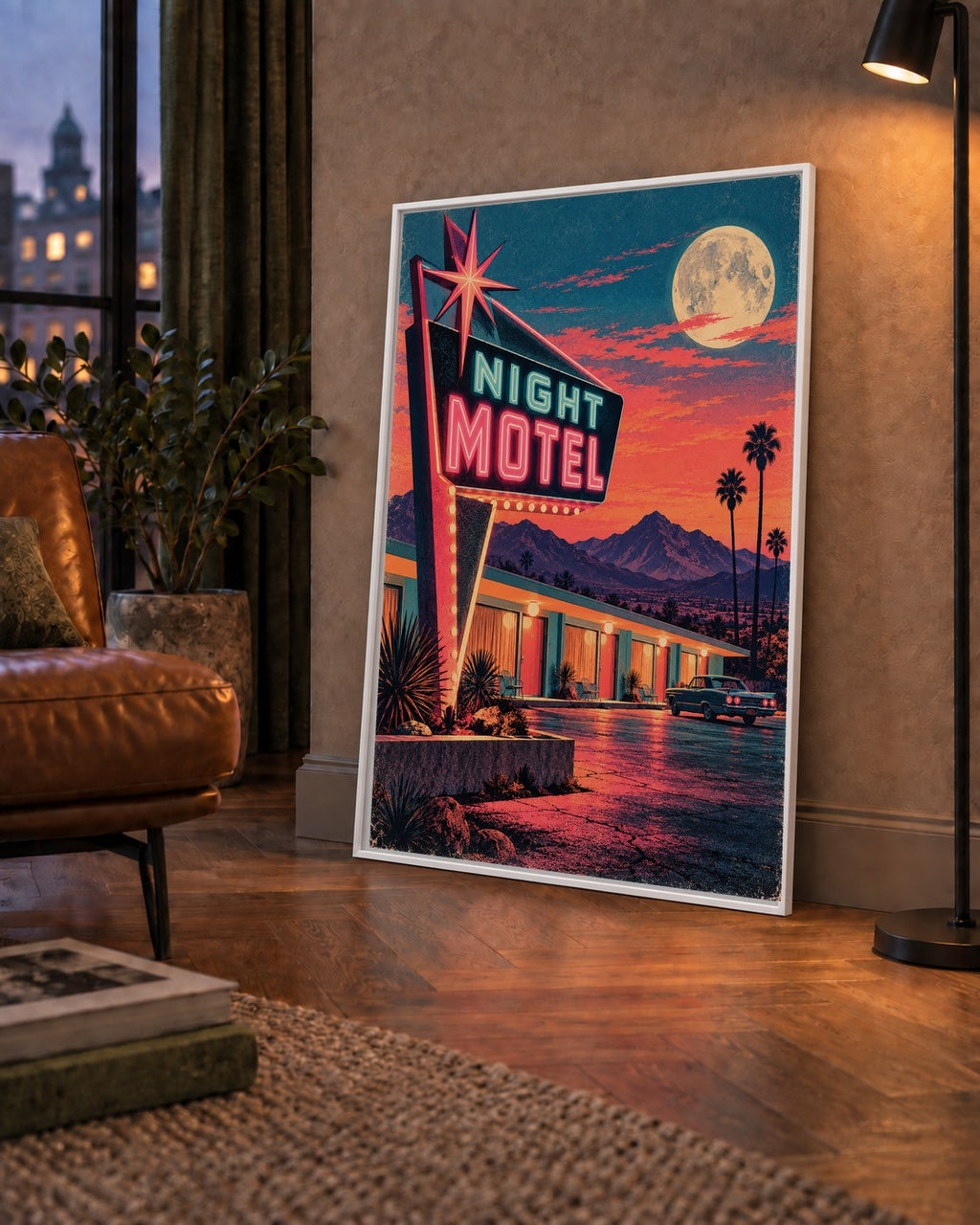 Night Motel Retro Neon Tabela Afişi — çerçeveli hâliyle bir ev duvarında
