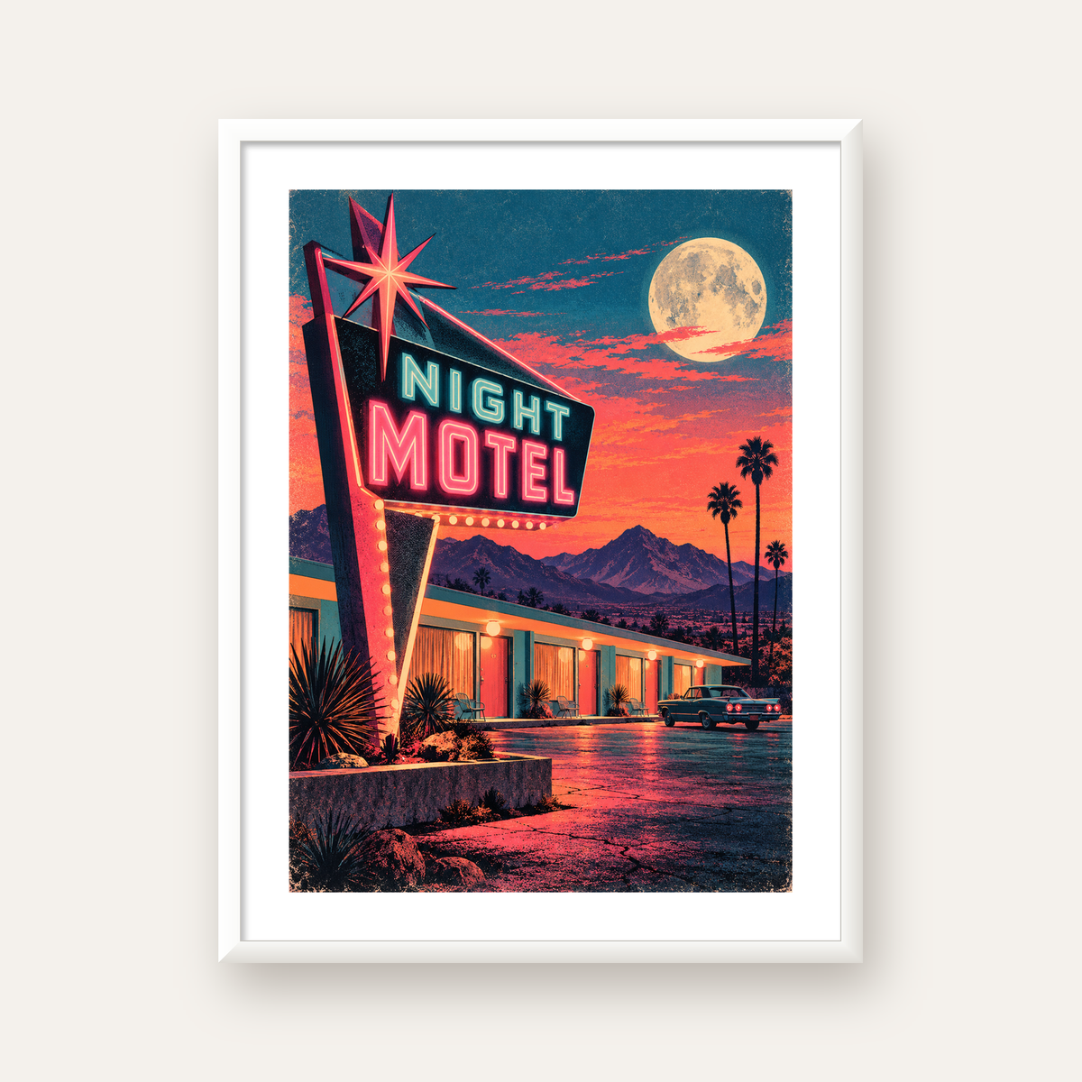 Night Motel Retro Neon Tabela Afişi — beyaz çerçeveli dikey poster