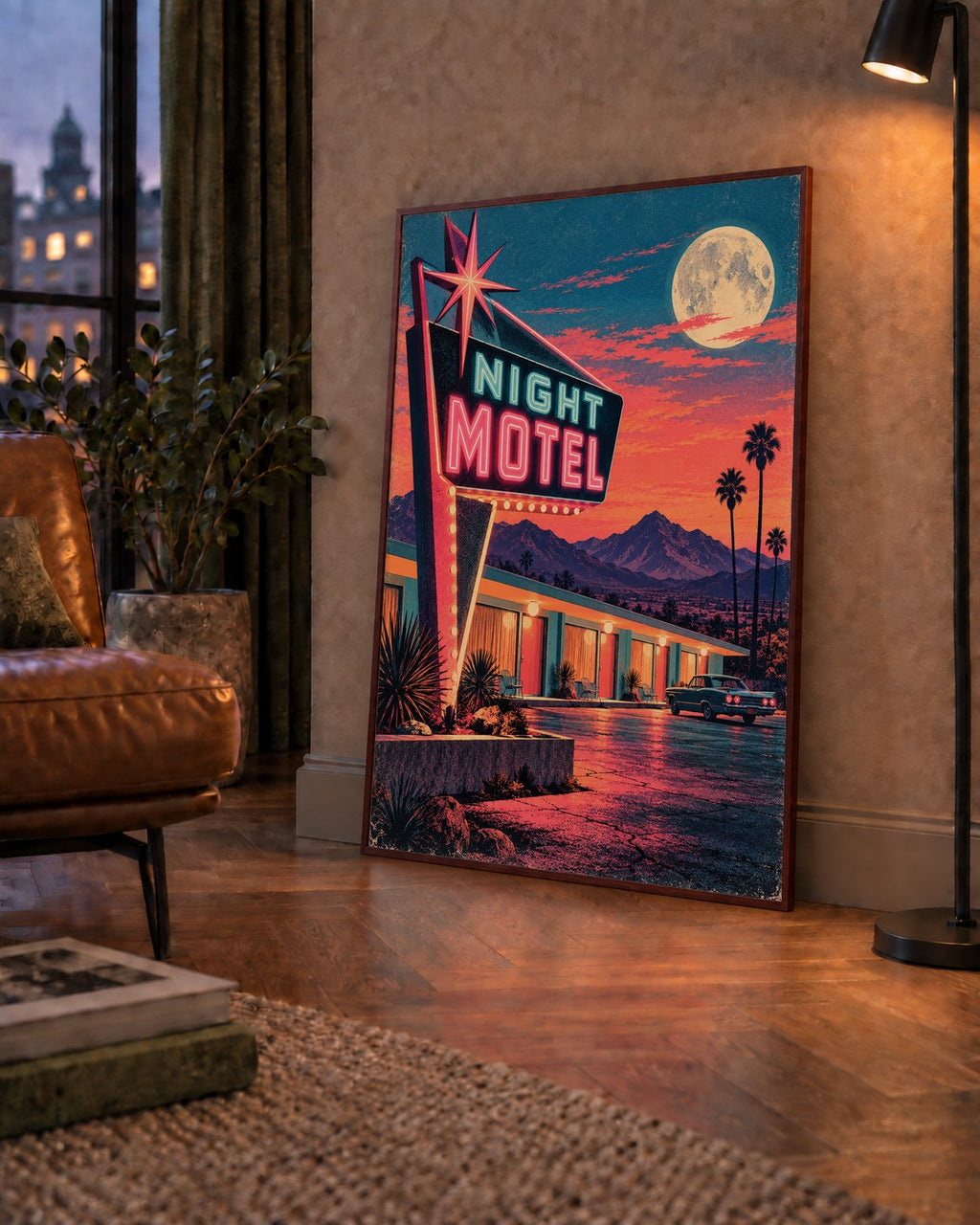 Night Motel Retro Neon Tabela Afişi — çerçeveli hâliyle bir ev duvarında