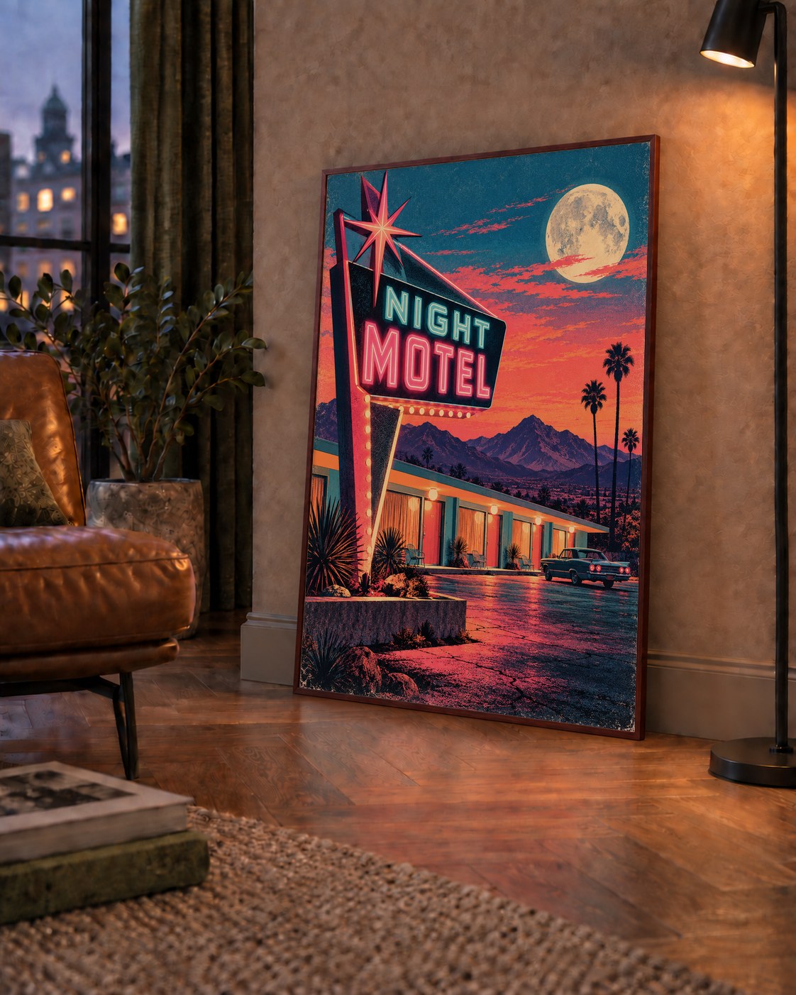 Night Motel Retro Neon Tabela Afişi — çerçeveli hâliyle bir ev duvarında