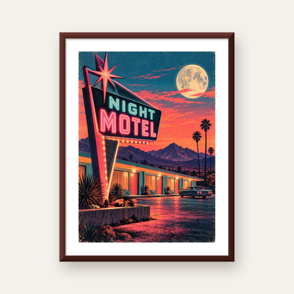 Night Motel Retro Neon Tabela Afişi — ceviz çerçeveli paspartulu