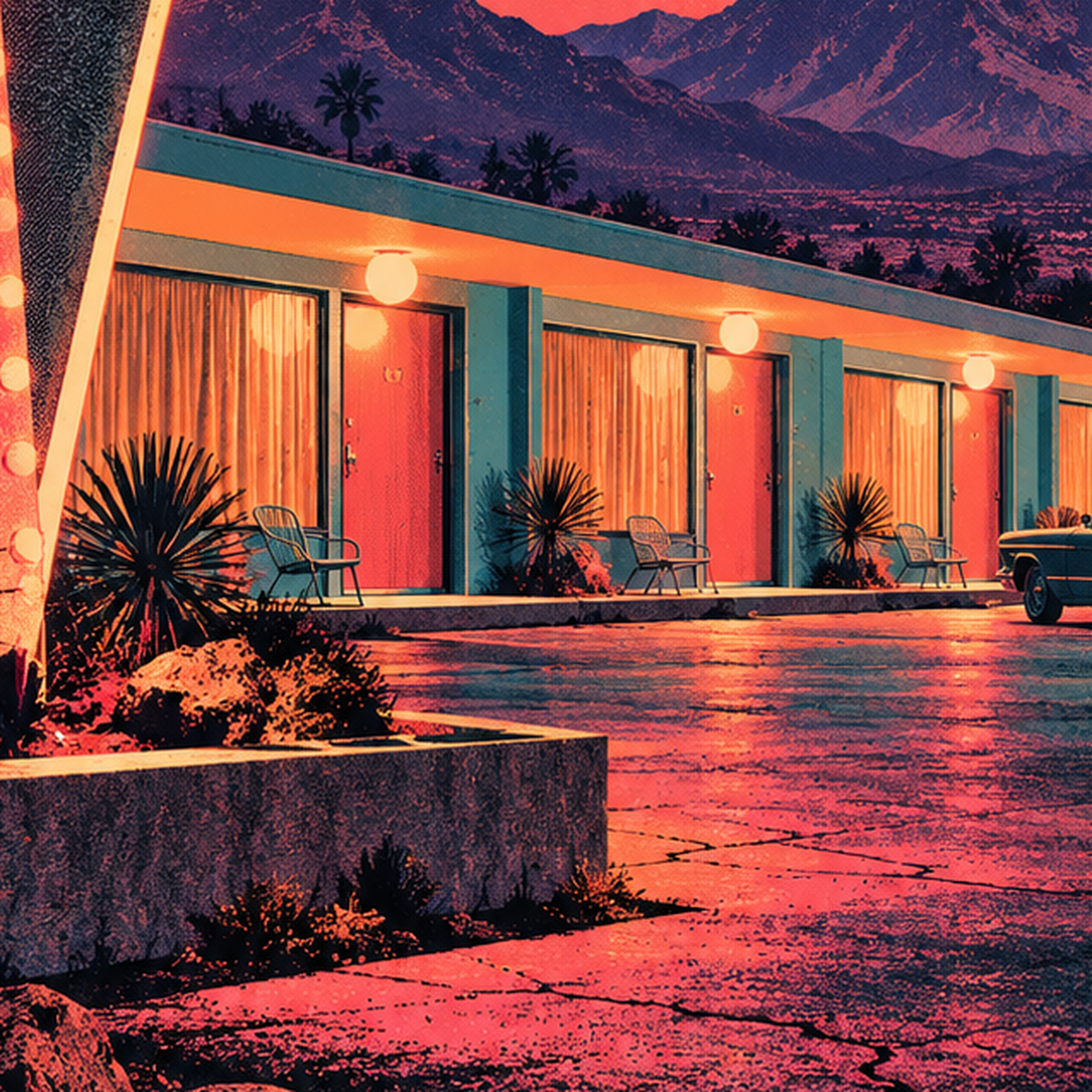 Retro Gece Motel Manzarası Neon Sanat Poster — baskının yakın çekimi, kâğıt dokusu ve renk detayı