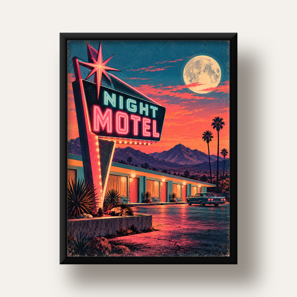 Night Motel Retro Neon Tabela Afişi — siyah derin çerçeveli