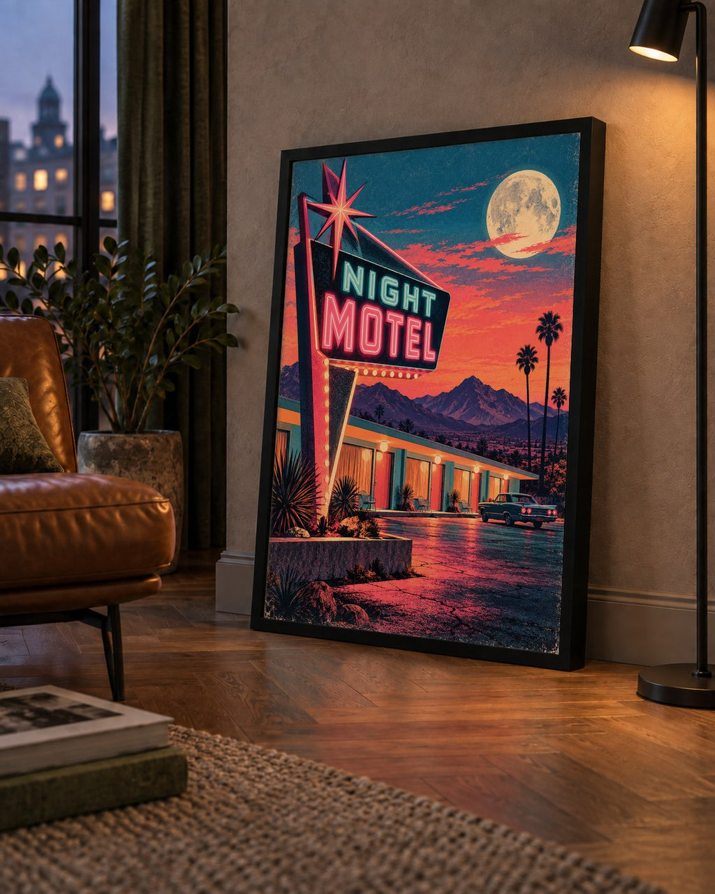 Night Motel Retro Neon Tabela Afişi — çerçeveli hâliyle bir ev duvarında