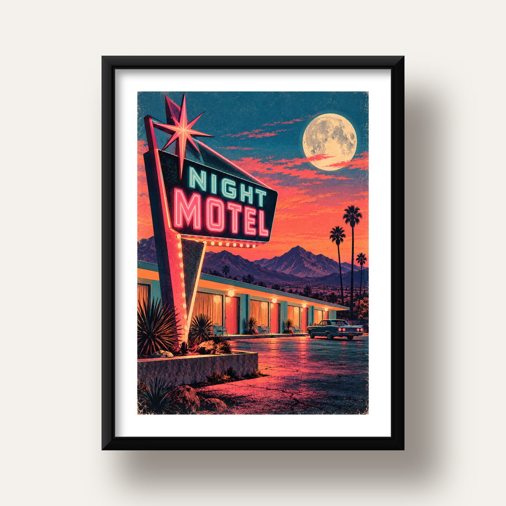 Night Motel Retro Neon Tabela Afişi — siyah derin çerçeveli paspartulu