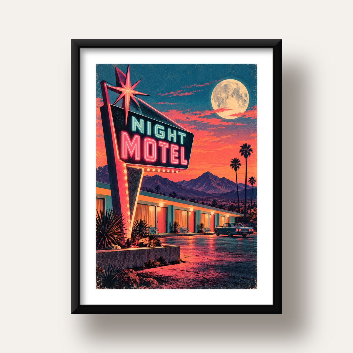 Night Motel Retro Neon Tabela Afişi — siyah derin çerçeveli paspartulu