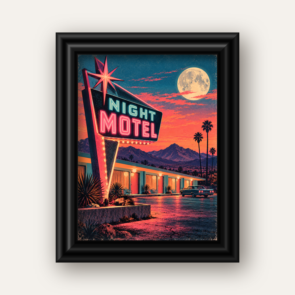 Night Motel Retro Neon Tabela Afişi — siyah galeri çerçeveli