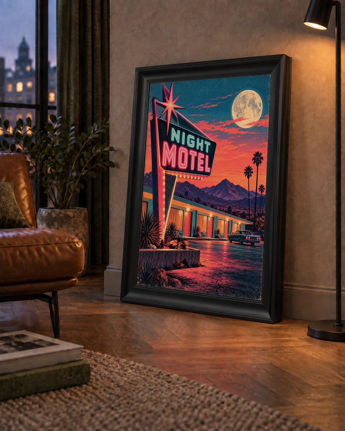 Night Motel Retro Neon Tabela Afişi — çerçeveli hâliyle bir ev duvarında