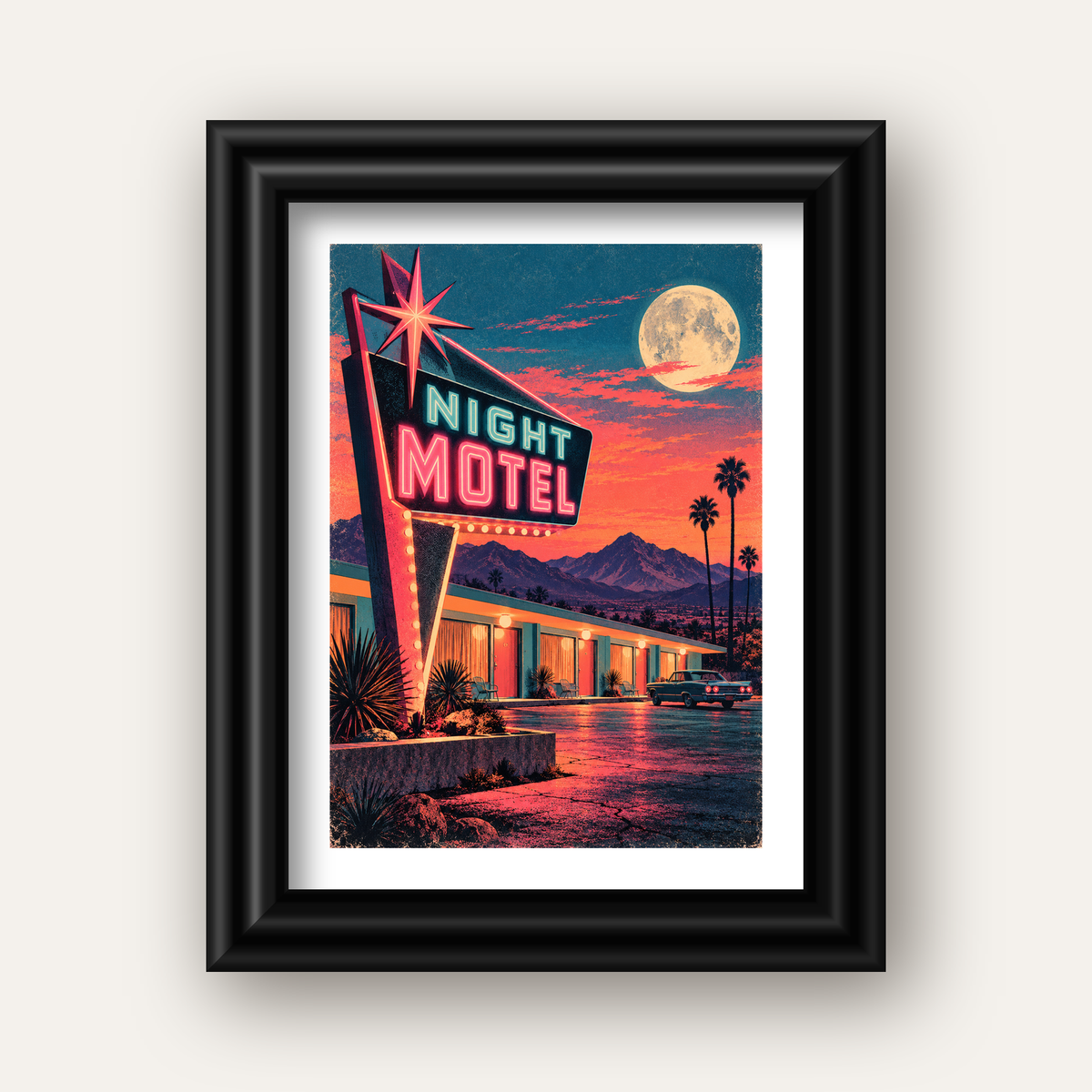 Night Motel Retro Neon Tabela Afişi — siyah galeri çerçeveli paspartulu