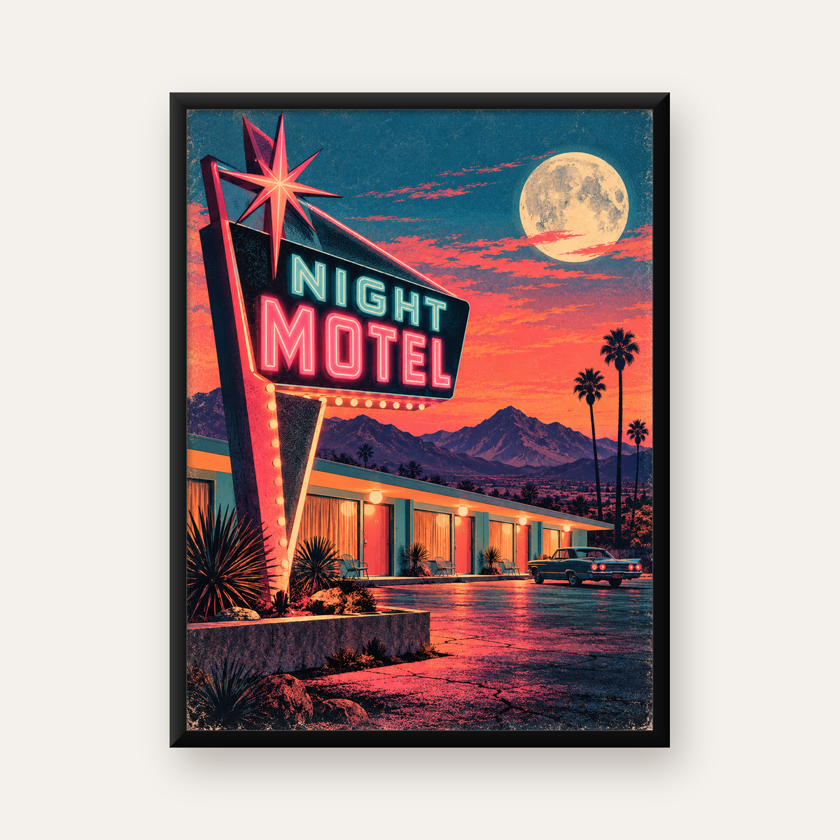 Retro Gece Motel Manzarası Neon Sanat Poster — Dikey baskı, düz siyah çerçeveli duvar posteri