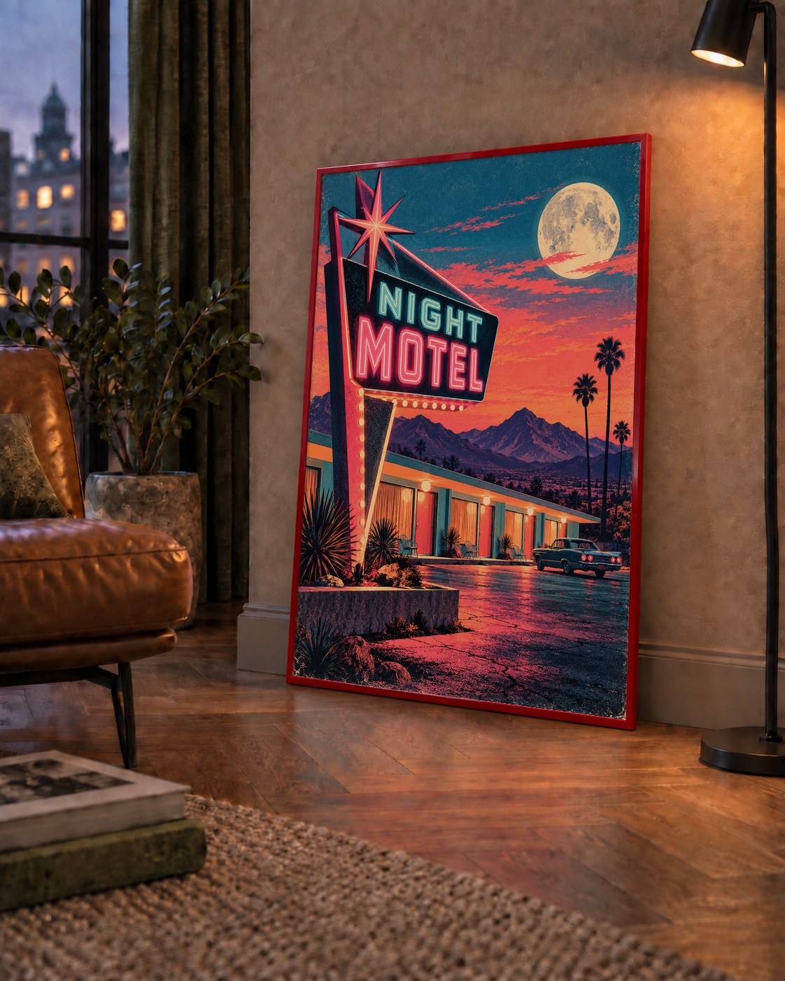 Night Motel Retro Neon Tabela Afişi — çerçeveli hâliyle bir ev duvarında