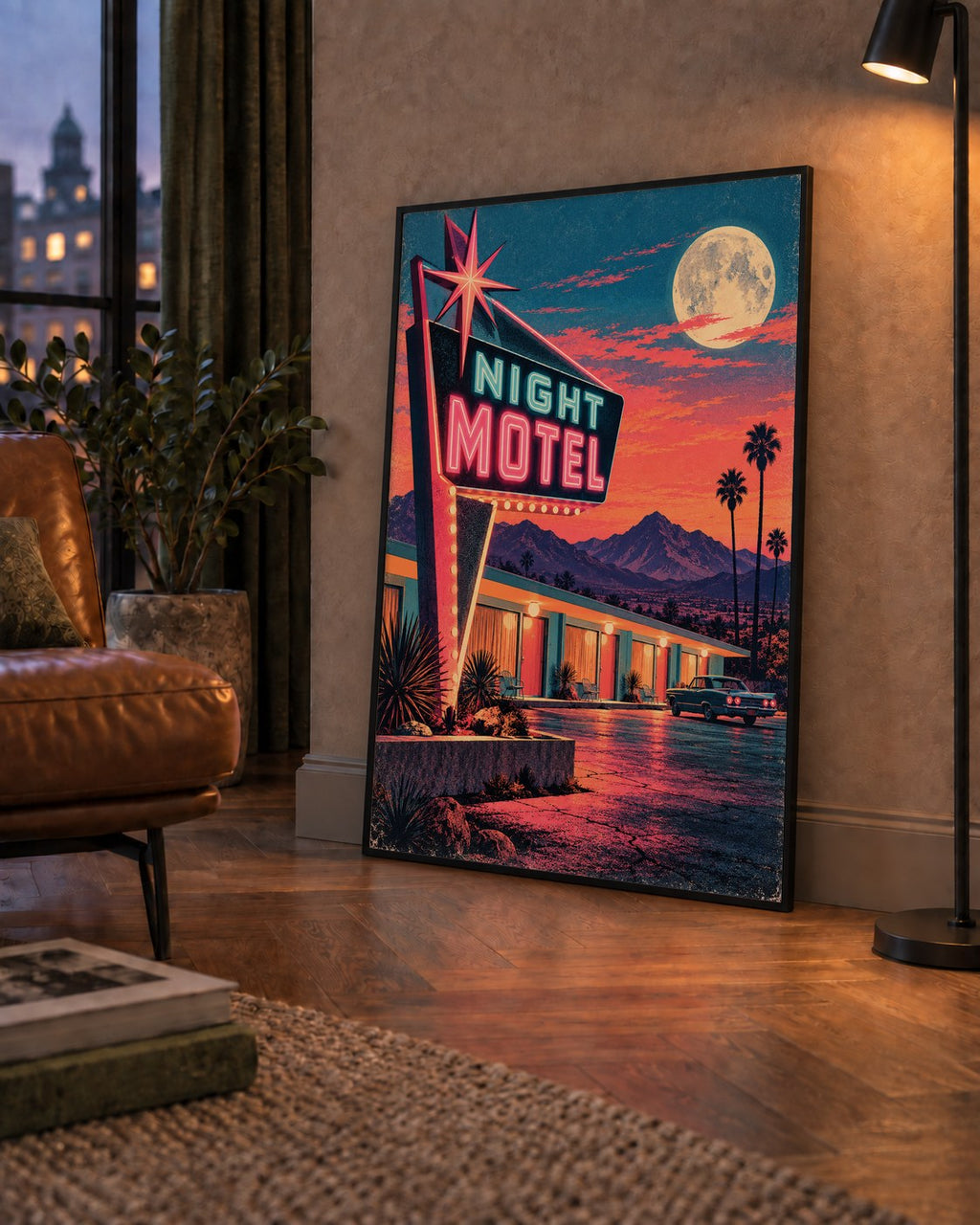 Night Motel Retro Neon Tabela Afişi — çerçeveli hâliyle bir ev duvarında