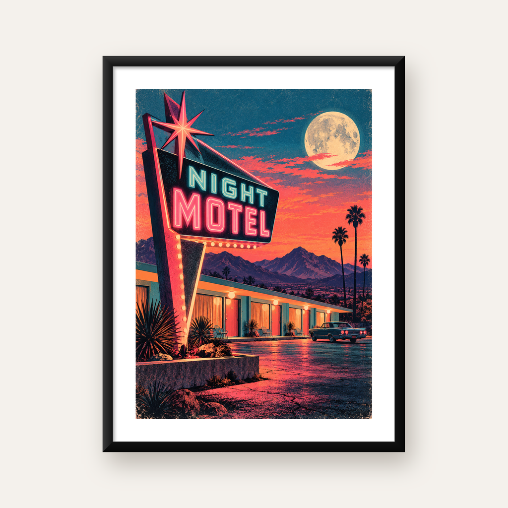 Retro Gece Motel Manzarası Neon Sanat Poster — Dikey baskı, beyaz kenar boşluklu