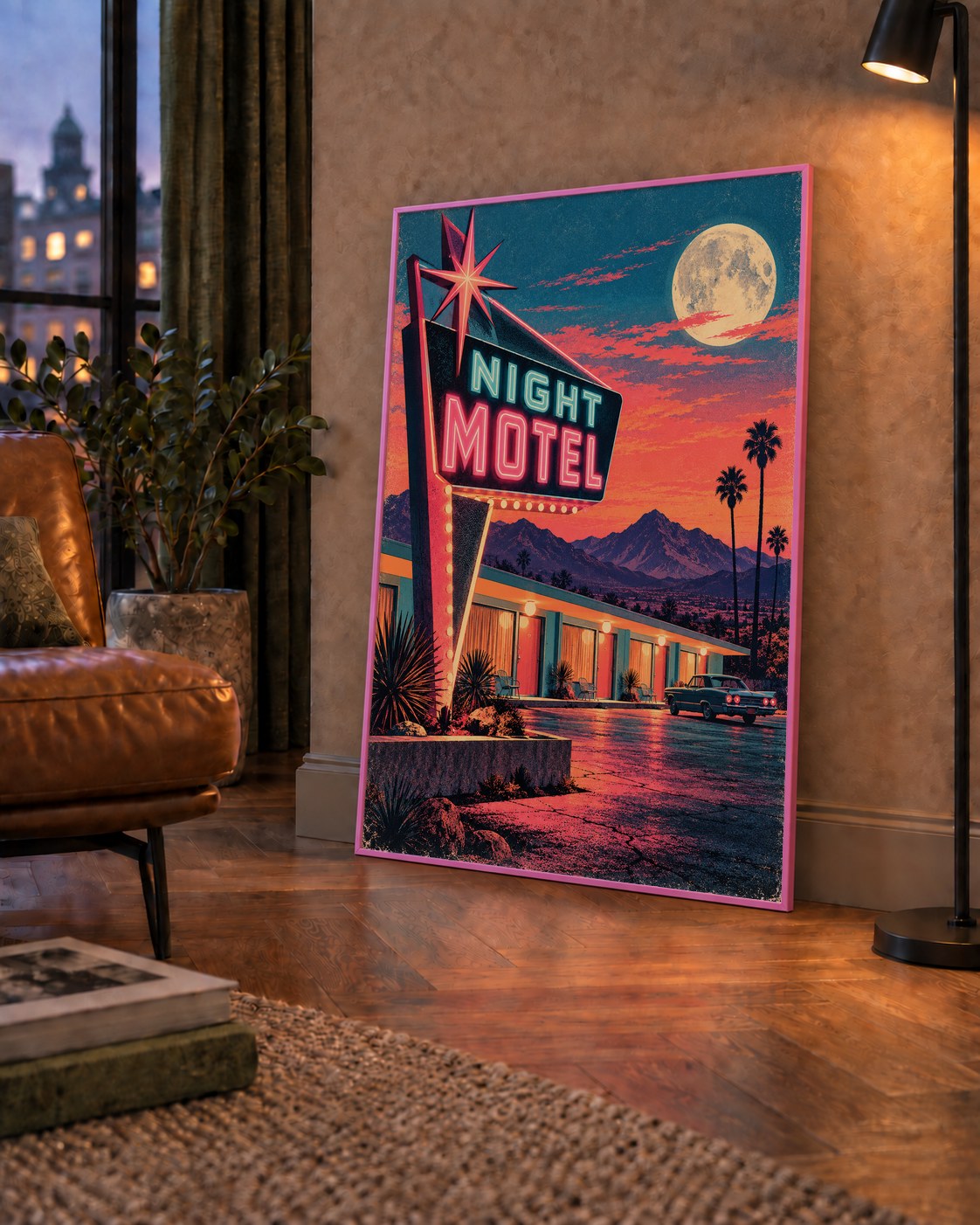 Night Motel Retro Neon Tabela Afişi — çerçeveli hâliyle bir ev duvarında