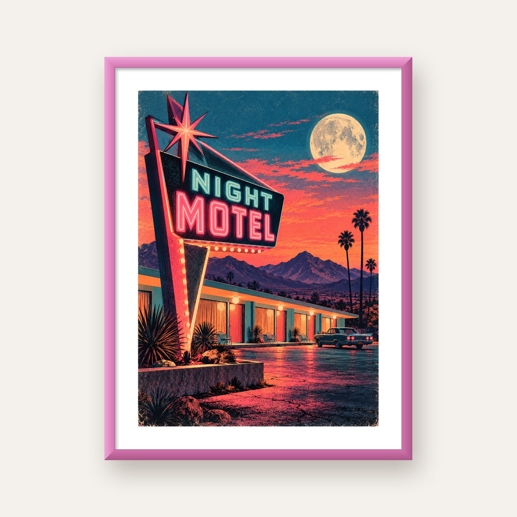 Night Motel Retro Neon Tabela Afişi — pembe çerçeveli paspartulu