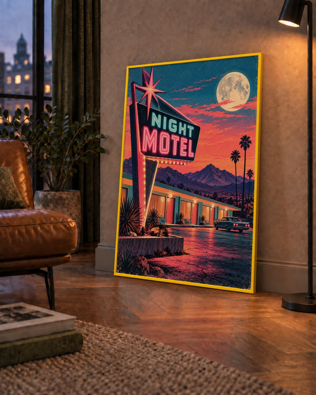 Night Motel Retro Neon Tabela Afişi — çerçeveli hâliyle bir ev duvarında