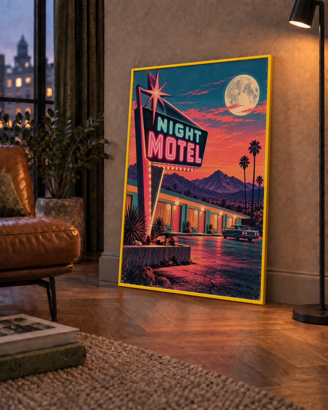 Night Motel Retro Neon Tabela Afişi — çerçeveli hâliyle bir ev duvarında