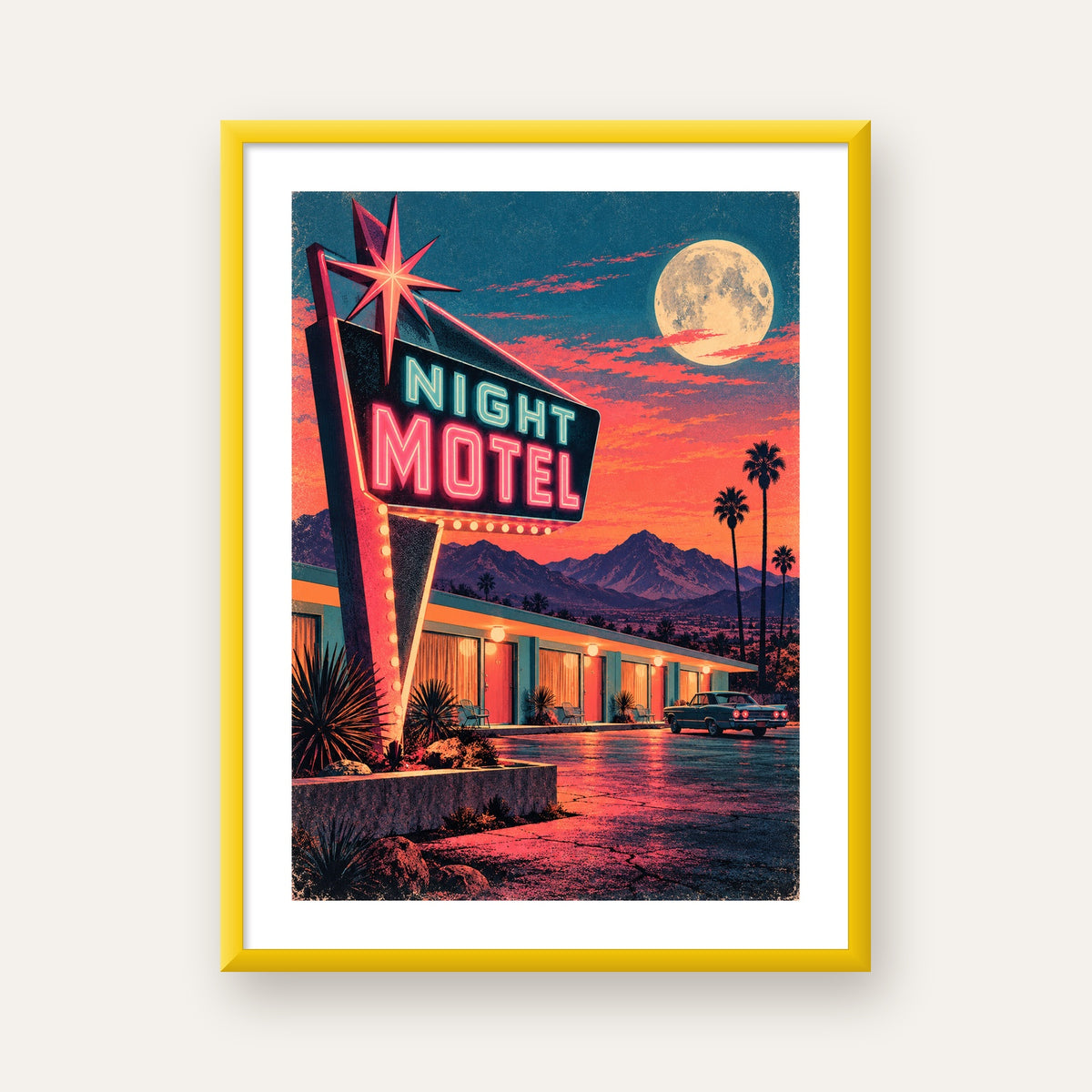 Night Motel Retro Neon Tabela Afişi — sarı çerçeveli paspartulu