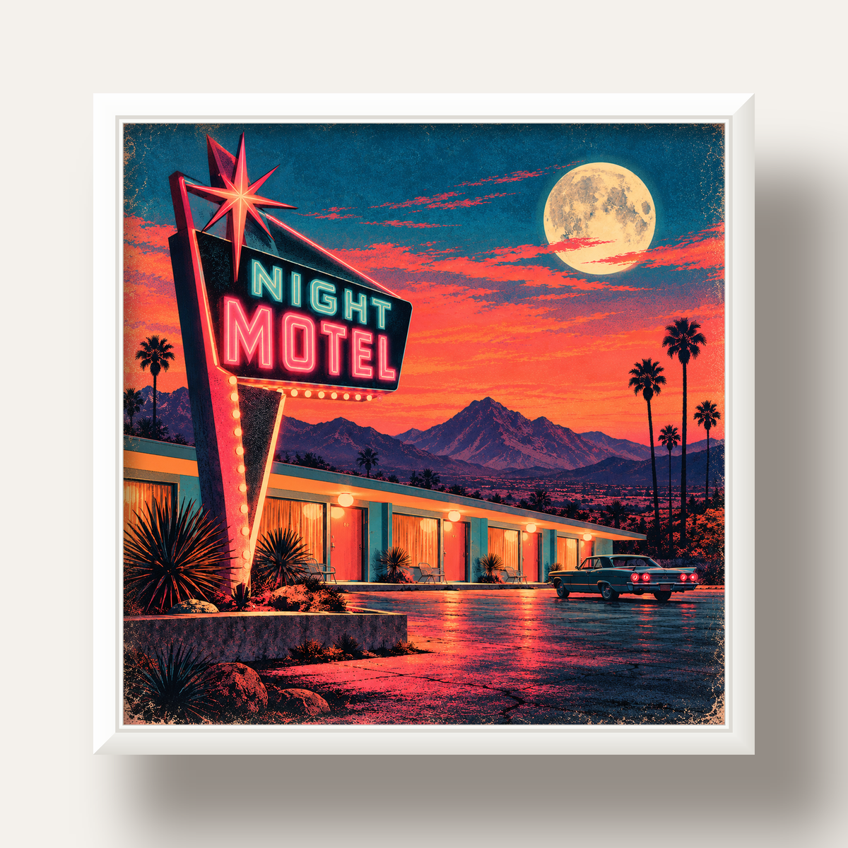 Night Motel Retro Neon Tabela Afişi — beyaz derin çerçeveli