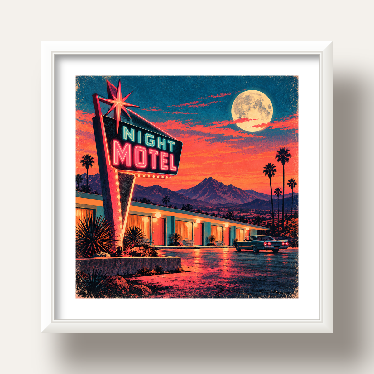 Night Motel Retro Neon Tabela Afişi — beyaz derin çerçeveli paspartulu