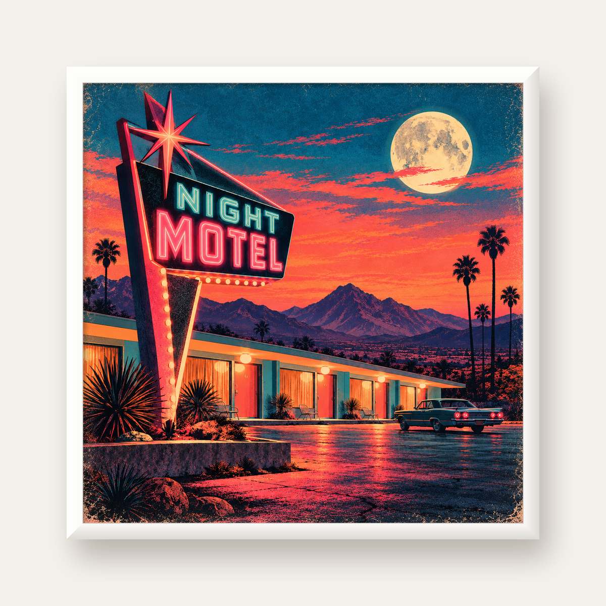 Night Motel Retro Neon Tabela Afişi — beyaz çerçeveli kare poster