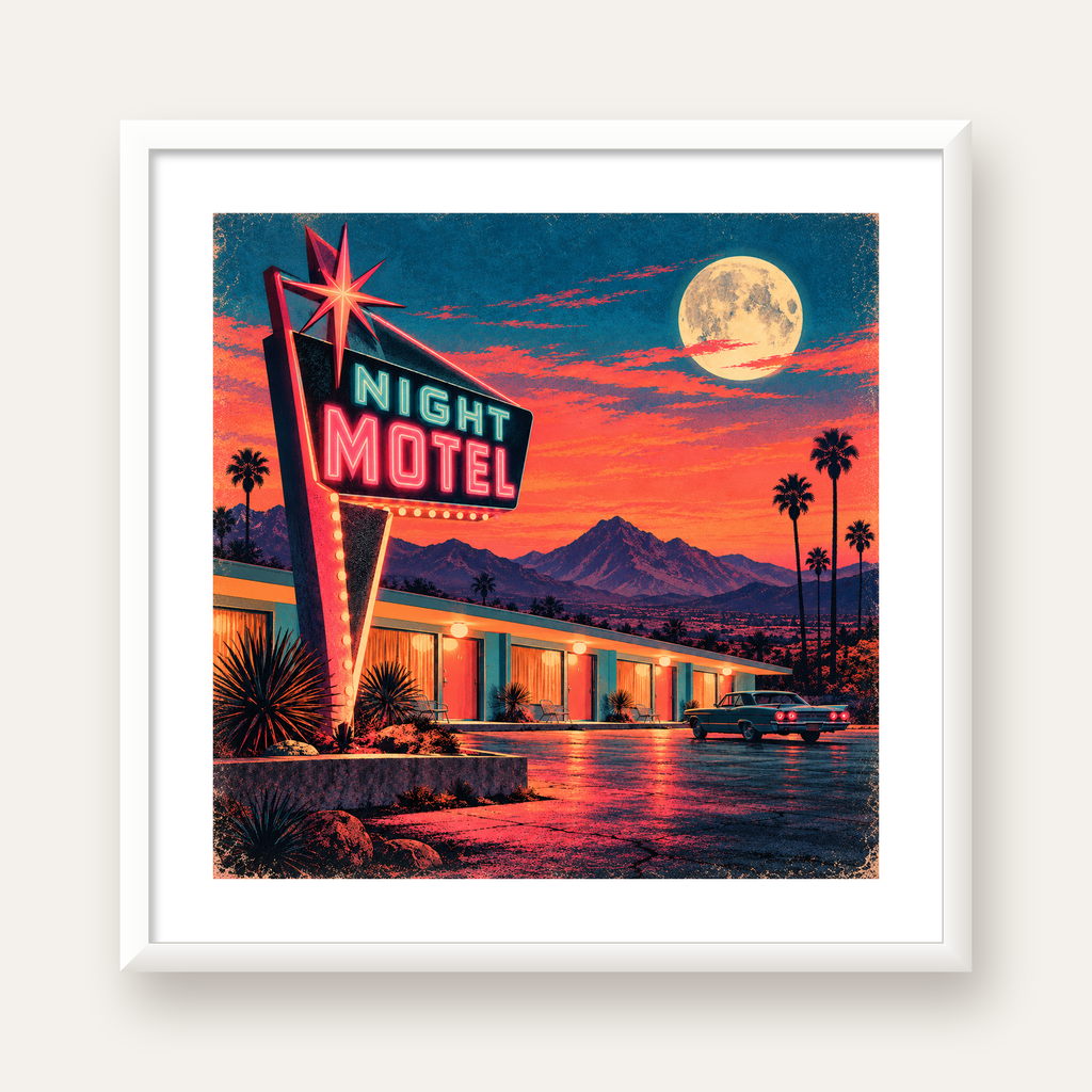Night Motel Retro Neon Tabela Afişi — beyaz çerçeveli kare poster