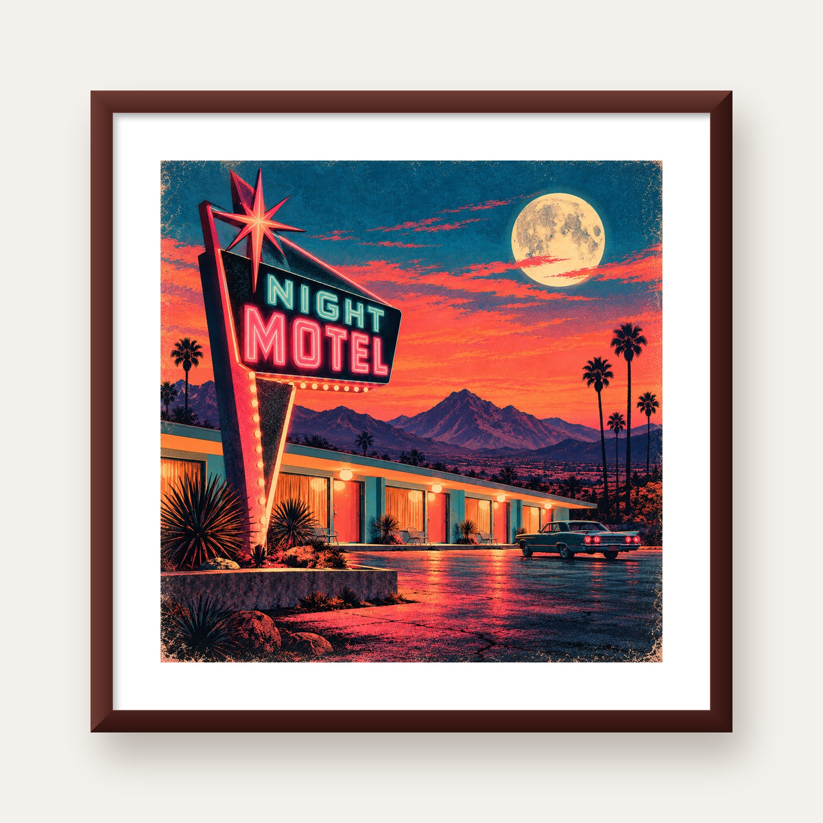 Night Motel Retro Neon Tabela Afişi — ceviz çerçeveli paspartulu