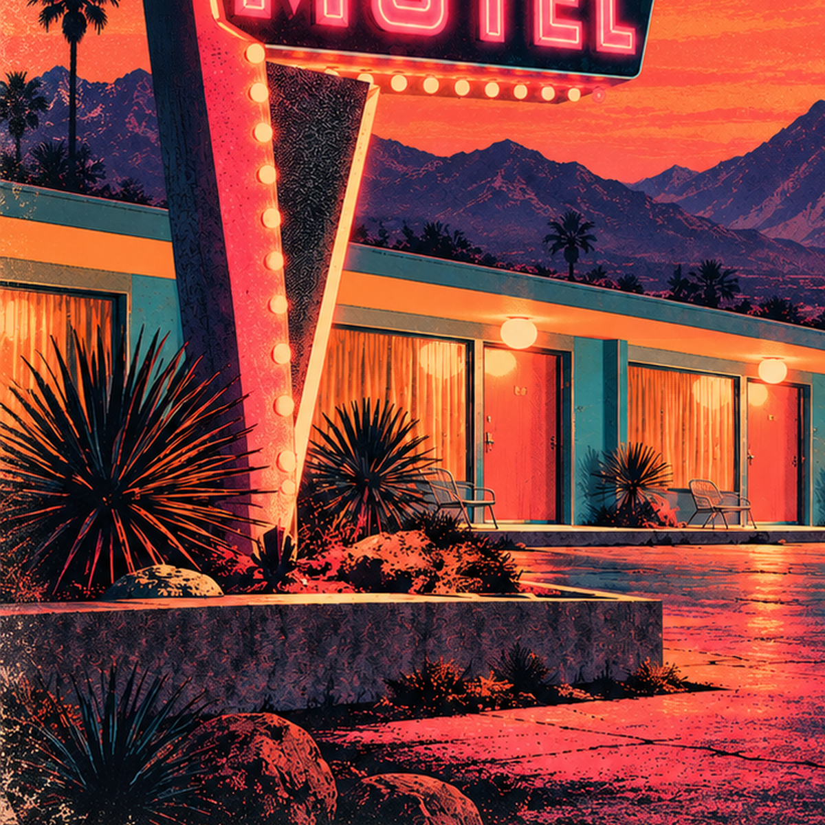 Retro Gece Motel Manzarası Neon Sanat Poster — baskının yakın çekimi, kâğıt dokusu ve renk detayı
