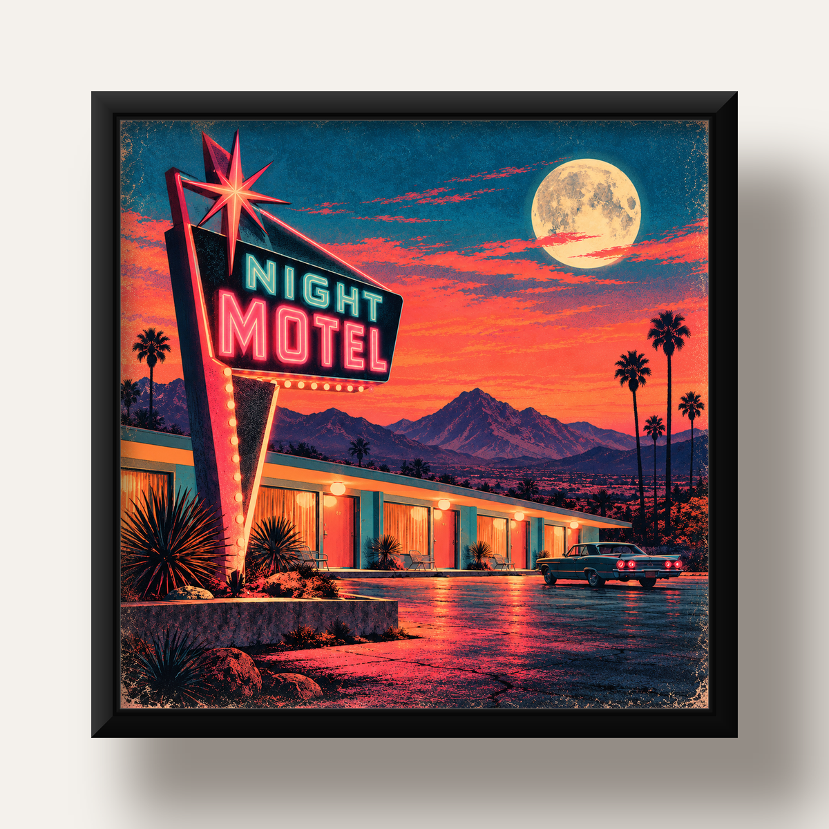 Night Motel Retro Neon Tabela Afişi — siyah derin çerçeveli