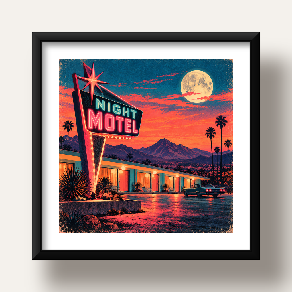 Night Motel Retro Neon Tabela Afişi — siyah derin çerçeveli paspartulu
