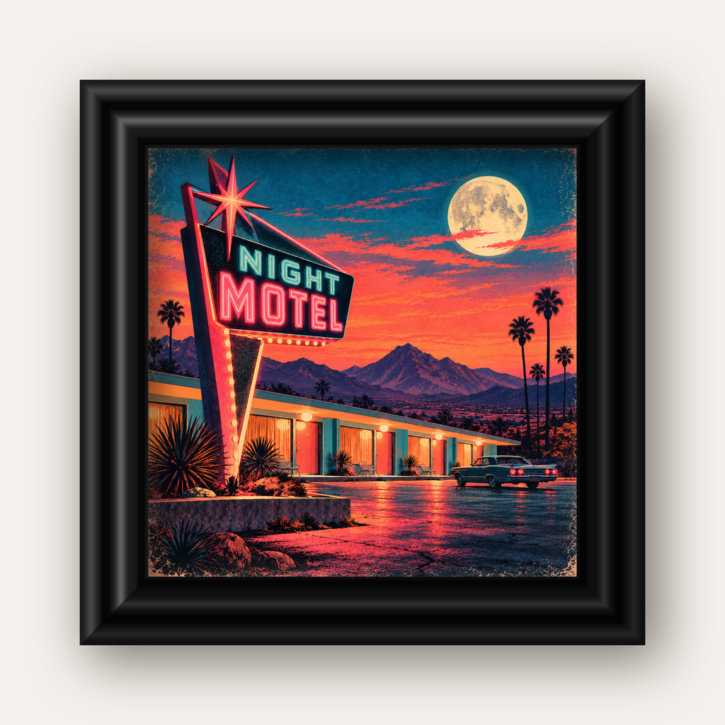 Night Motel Retro Neon Tabela Afişi — siyah galeri çerçeveli