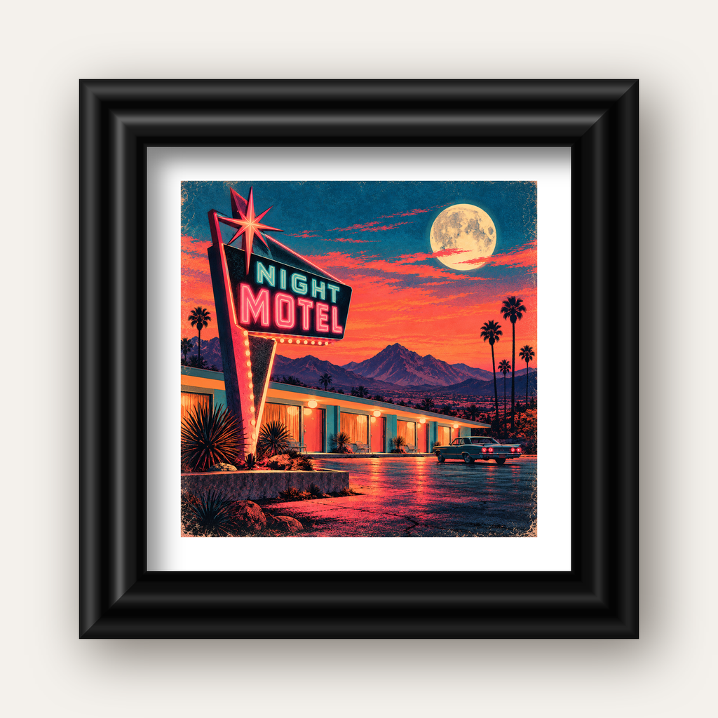 Night Motel Retro Neon Tabela Afişi — siyah galeri çerçeveli paspartulu