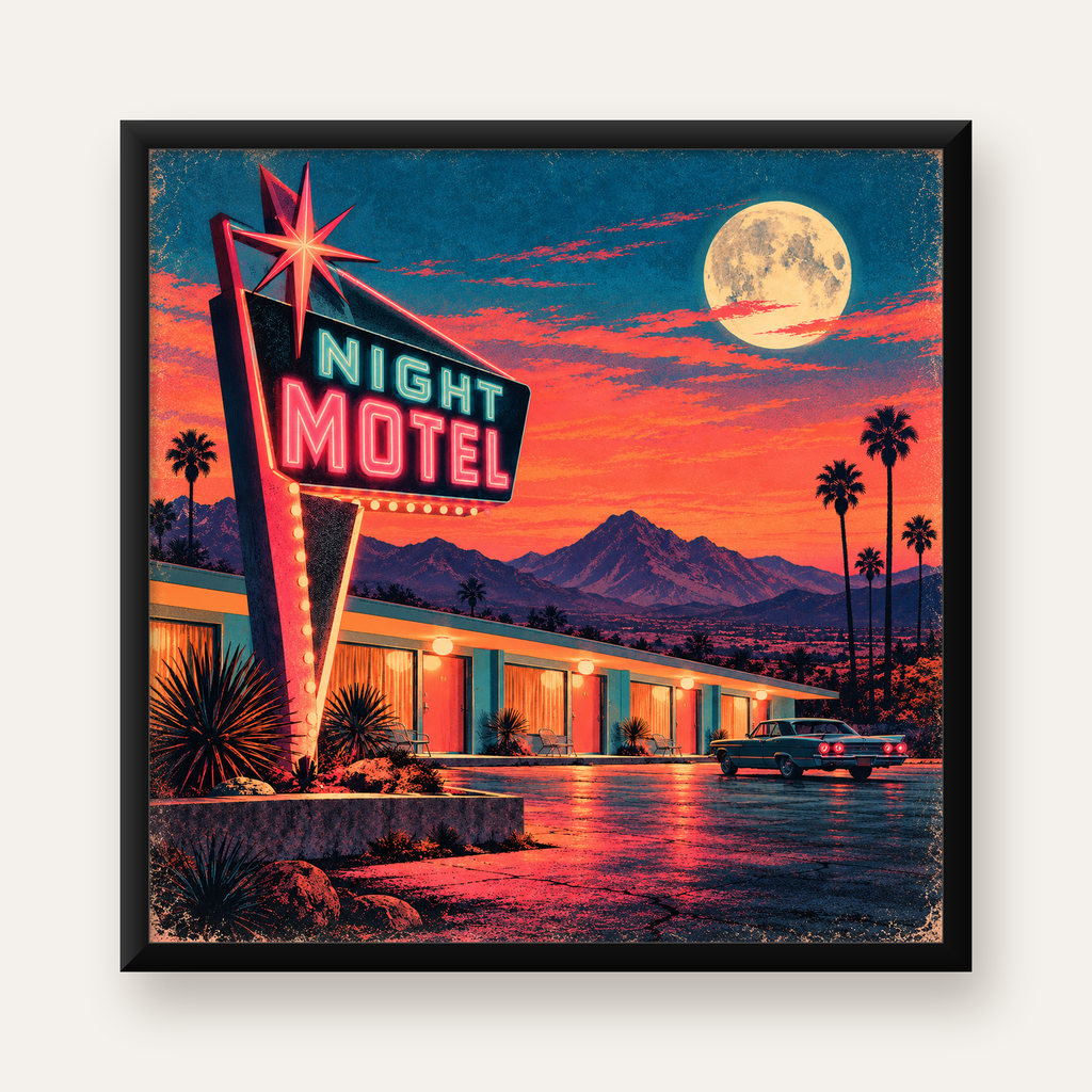 Retro Gece Motel Manzarası Neon Sanat Poster — Kare baskı, düz siyah çerçeveli duvar posteri