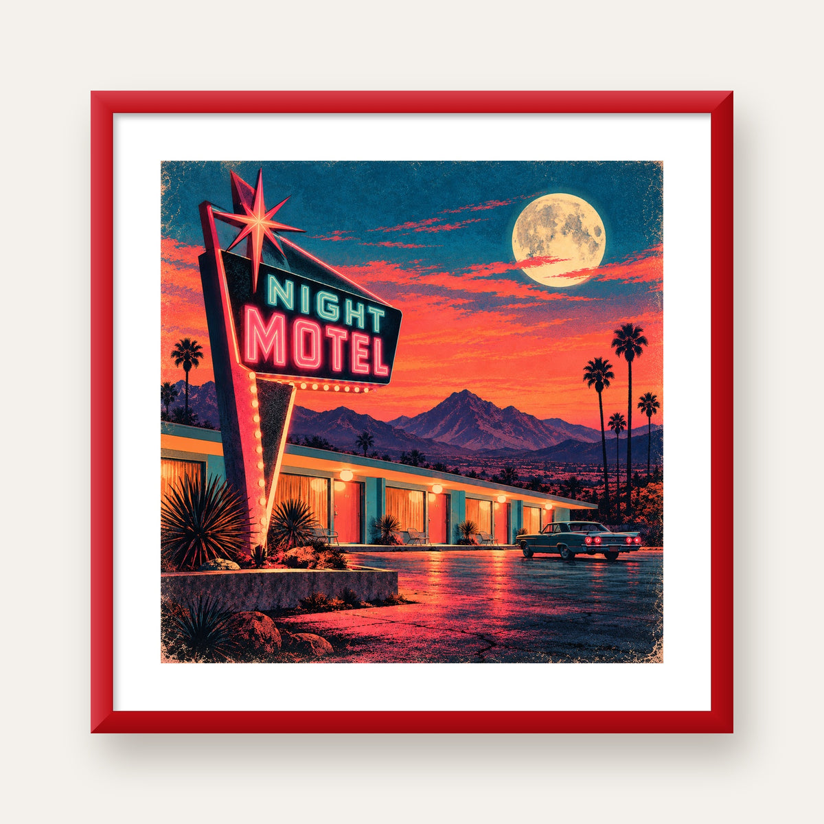 Night Motel Retro Neon Tabela Afişi — kırmızı çerçeveli paspartulu