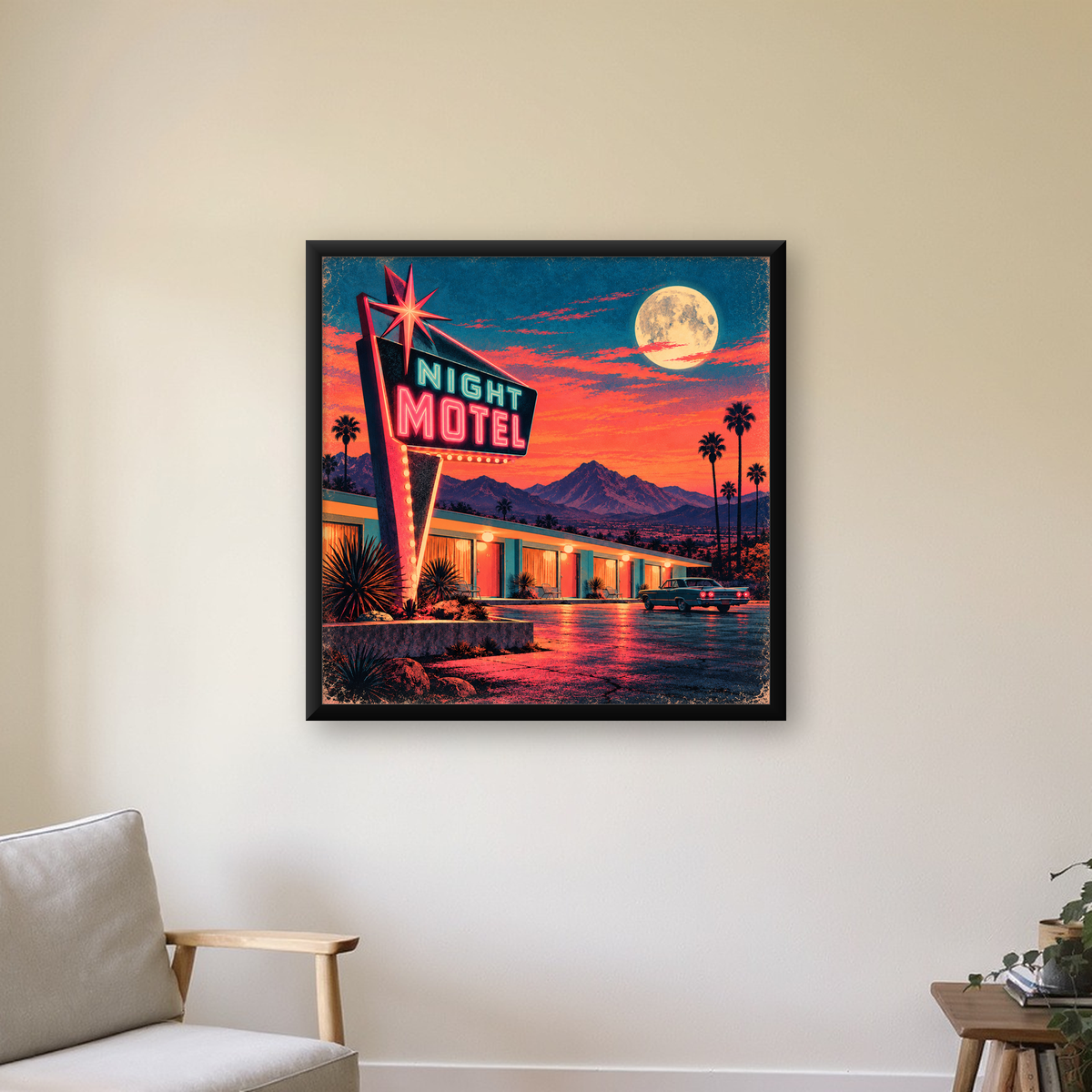 Retro Gece Motel Manzarası Neon Sanat Poster — Kare baskı, çerçeveli hâliyle bir ev duvarında