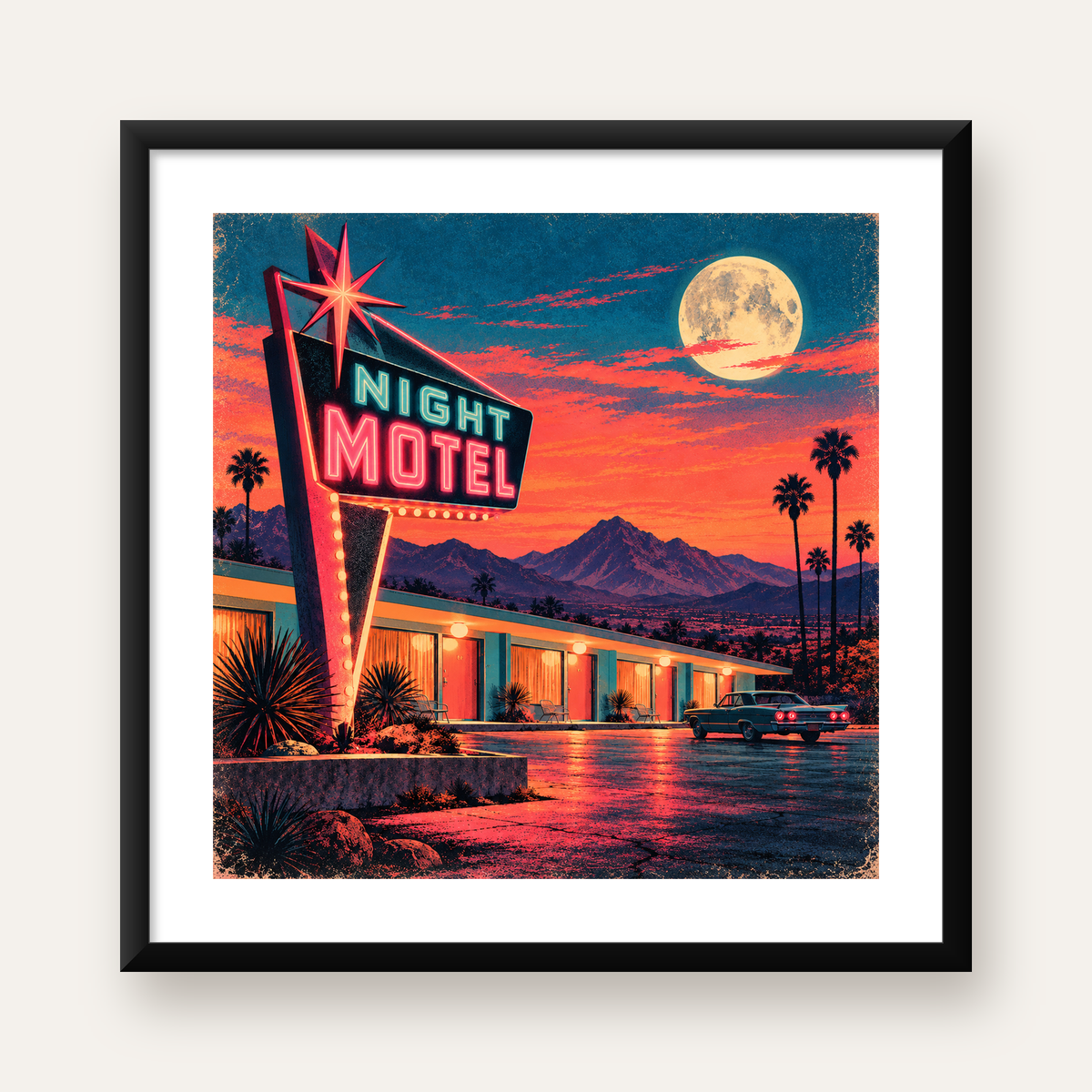 Retro Gece Motel Manzarası Neon Sanat Poster — Kare baskı, beyaz kenar boşluklu