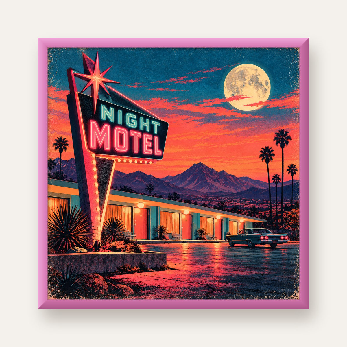 Night Motel Retro Neon Tabela Afişi — pembe çerçeveli