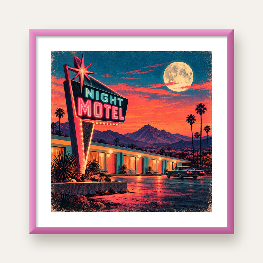 Night Motel Retro Neon Tabela Afişi — pembe çerçeveli paspartulu
