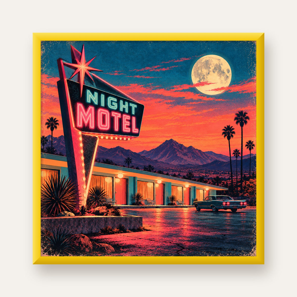 Night Motel Retro Neon Tabela Afişi — sarı çerçeveli