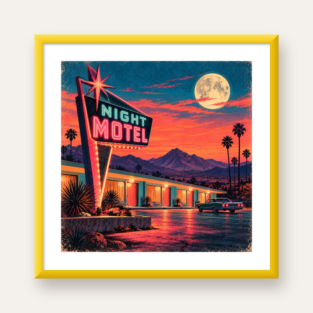 Night Motel Retro Neon Tabela Afişi — sarı çerçeveli paspartulu